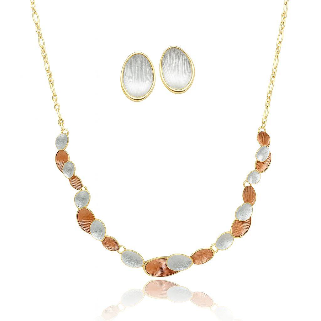 Multi-tone gold oval necklace and earrings set with brushed silver, gold, and copper textures