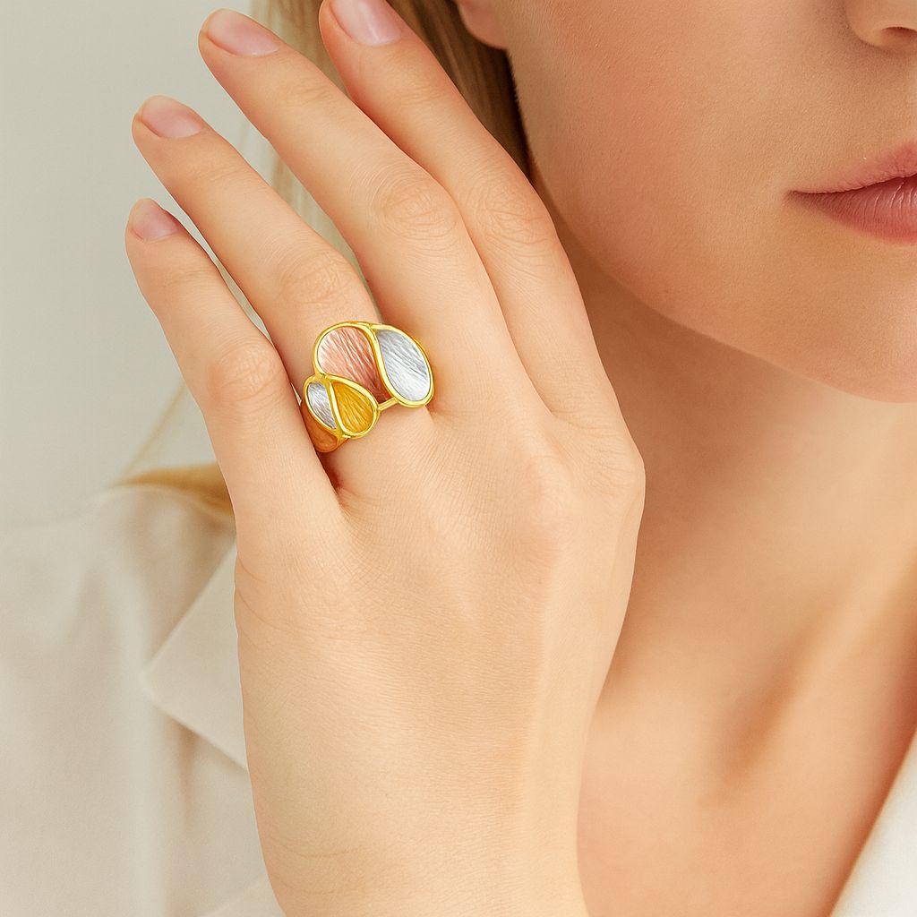Side view of artistic petal-shaped enamel ring for women