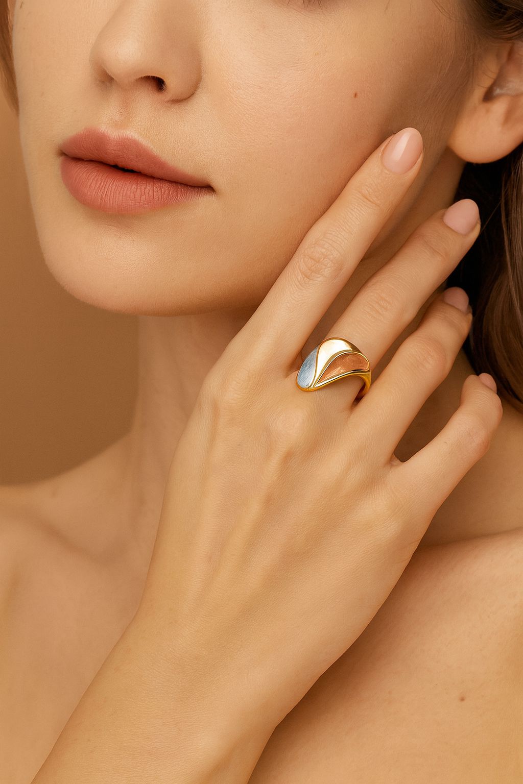 KC gold plated adjustable ring with abstract enamel panels