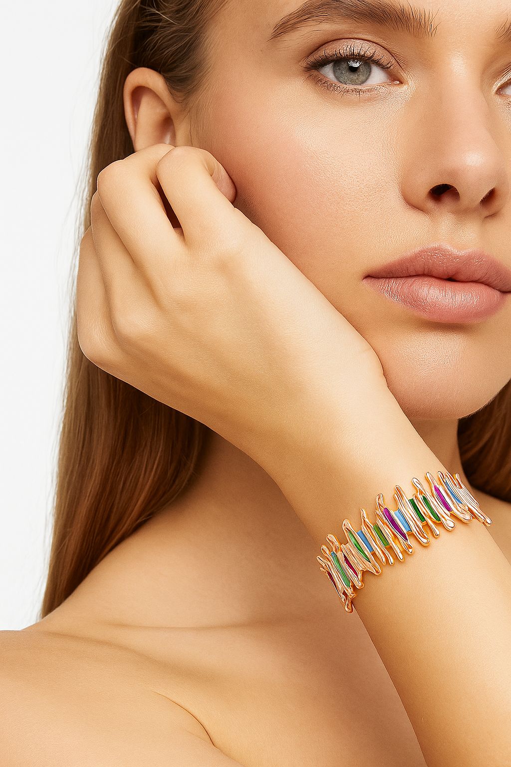 Side view of multicolor artistic enamel bracelet for women