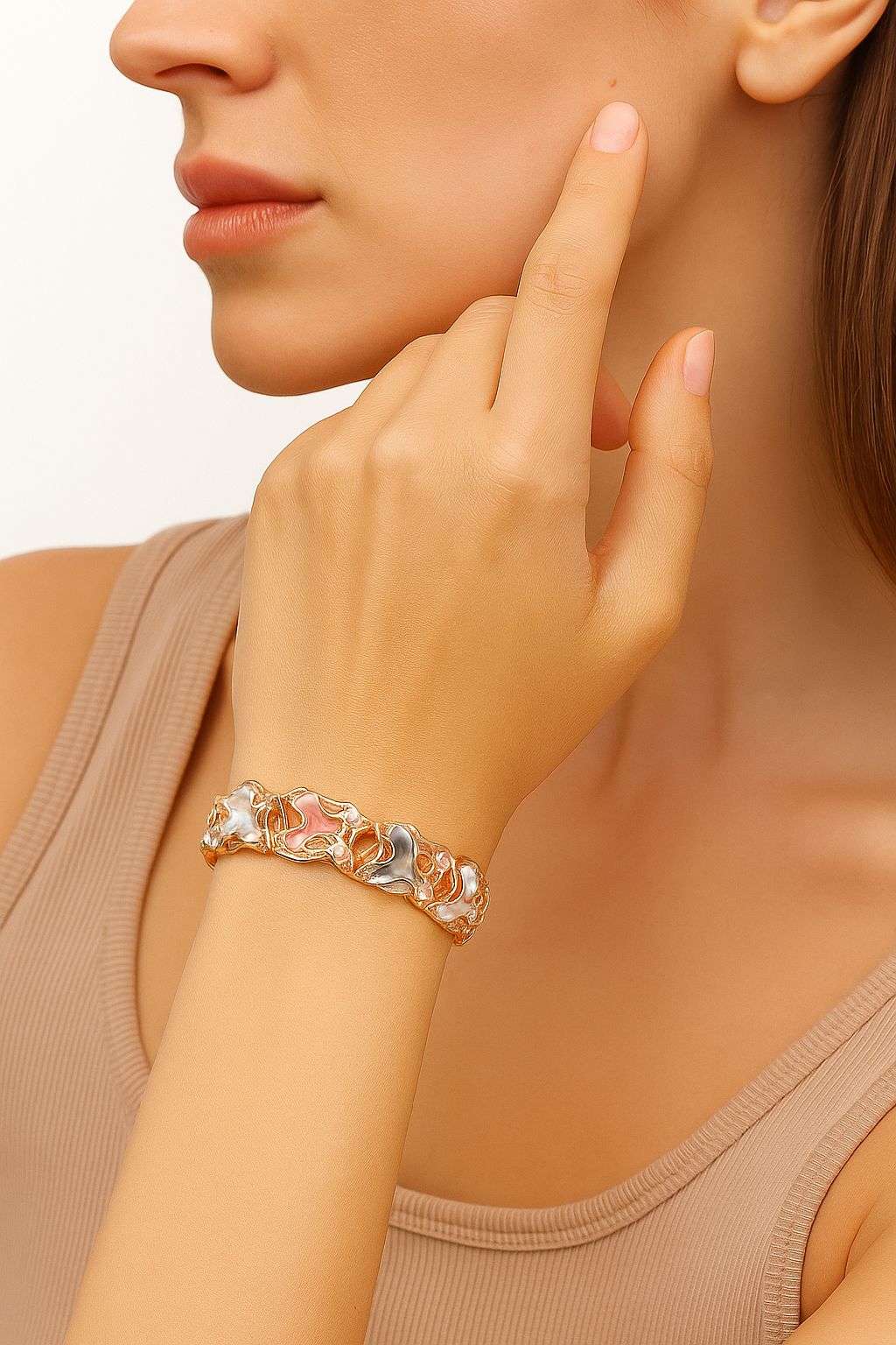 Model wearing colorful enamel bangle bracelet set