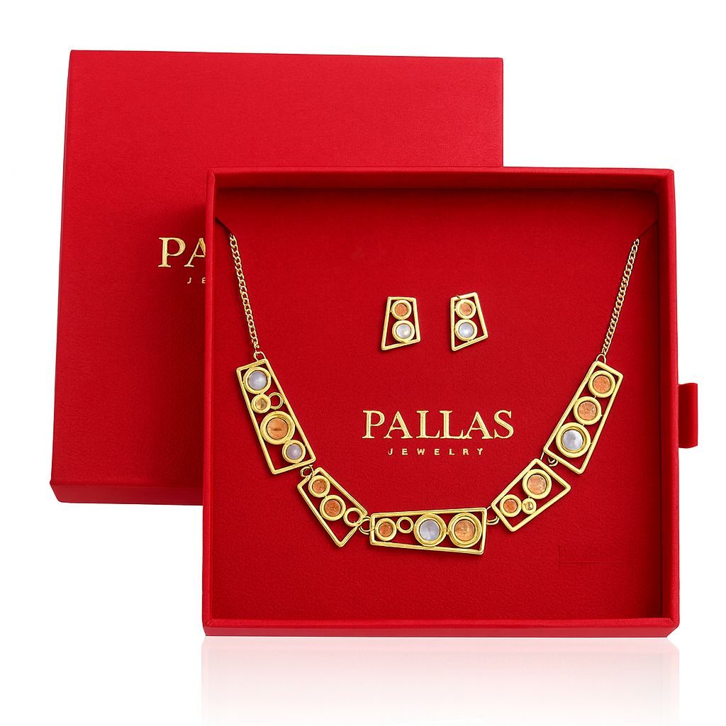 Close-up hand-painted geometric necklace with KC gold plating