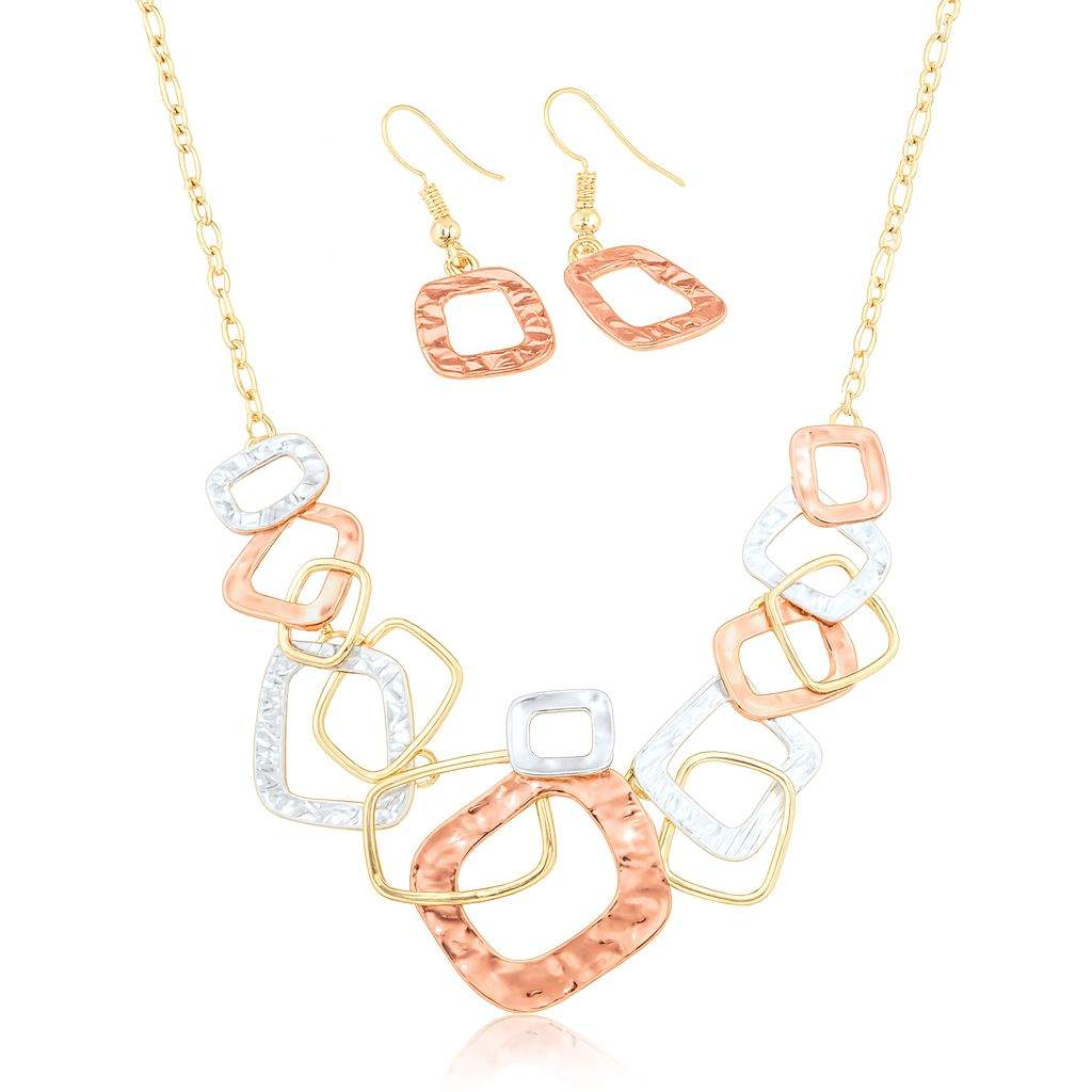 Gold plated necklace and earrings set for women with tricolor geometric design in gift box