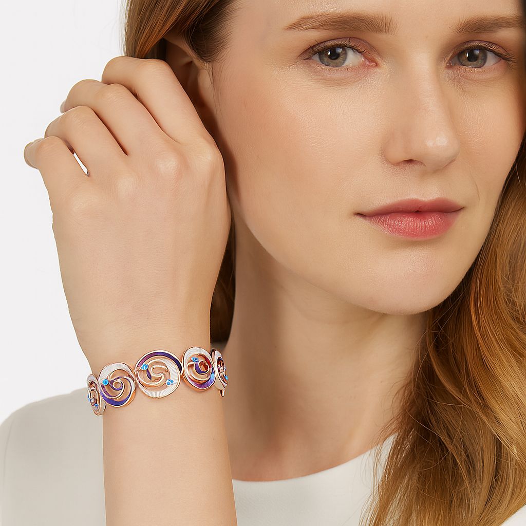 Artistic swirl pattern gold bracelet side angle