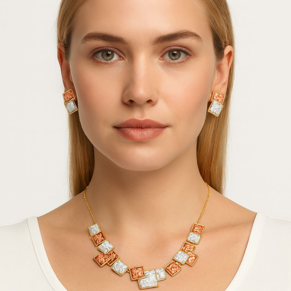 Hand painted enamel square necklace with matching earrings