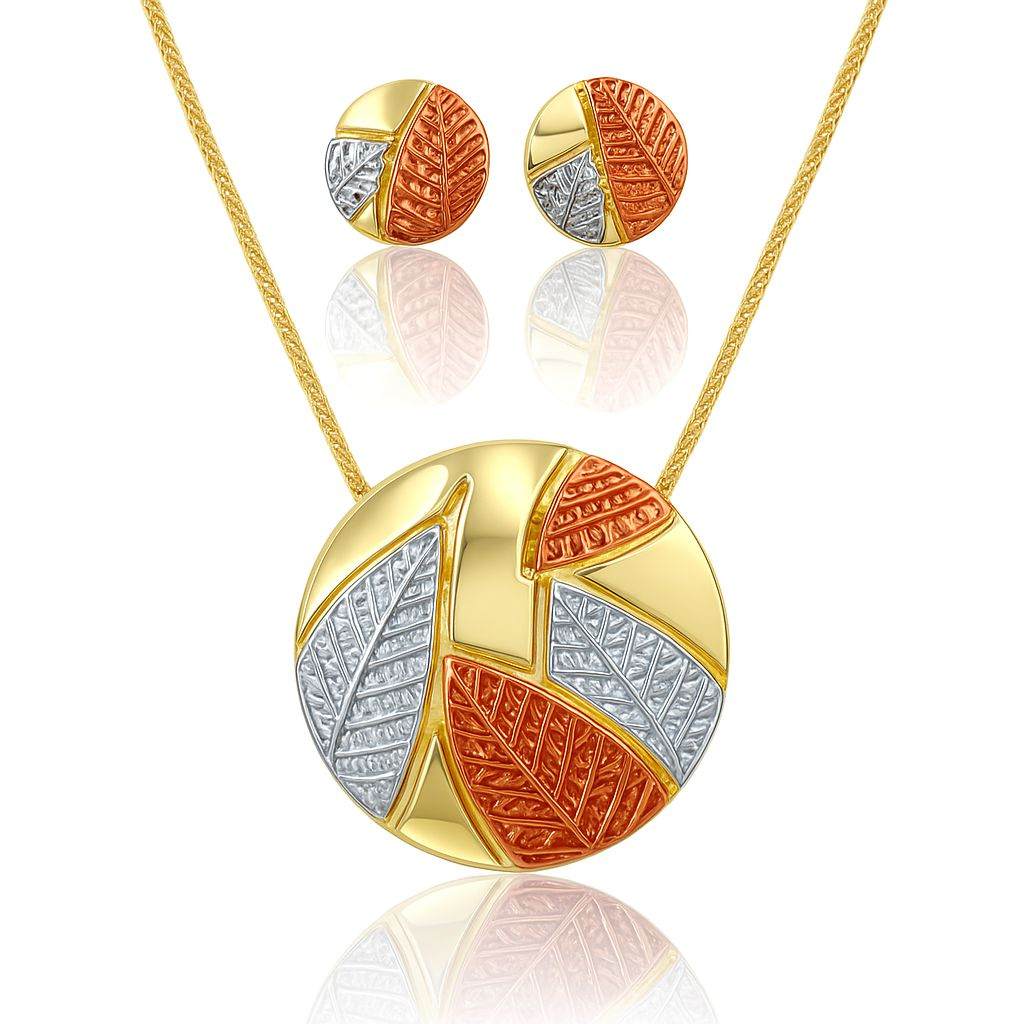 Gold plated tricolor pendant necklace and earrings set with orange, silver, and gold leaf design