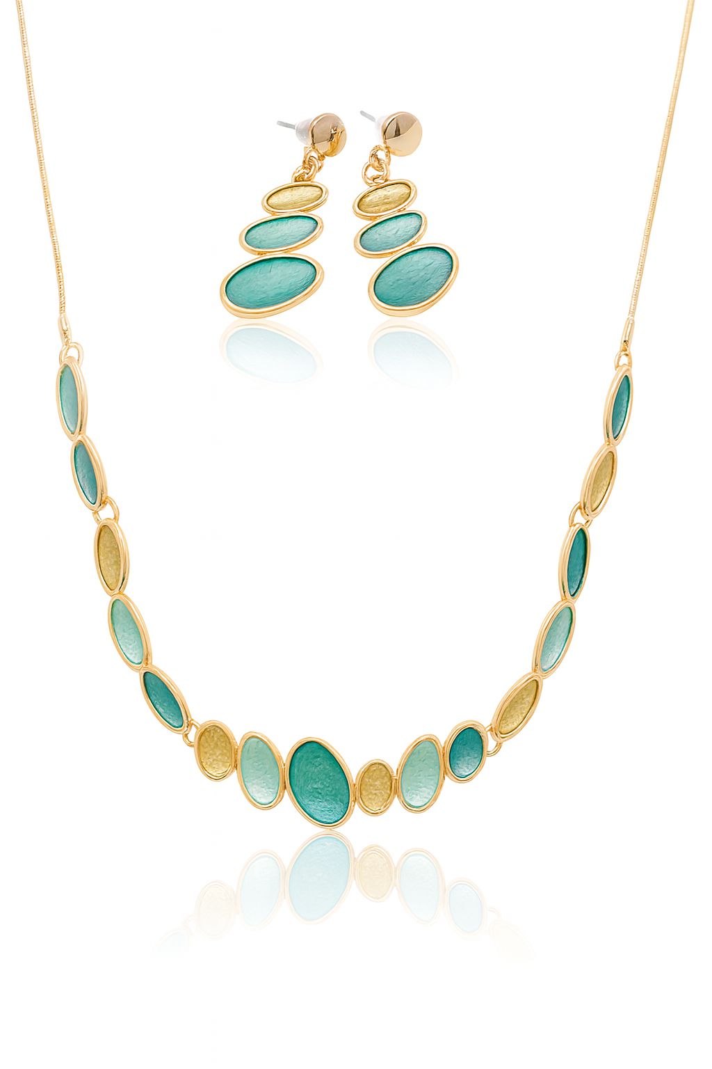 Gold tone hand-painted enamel necklace and earring set on white background
