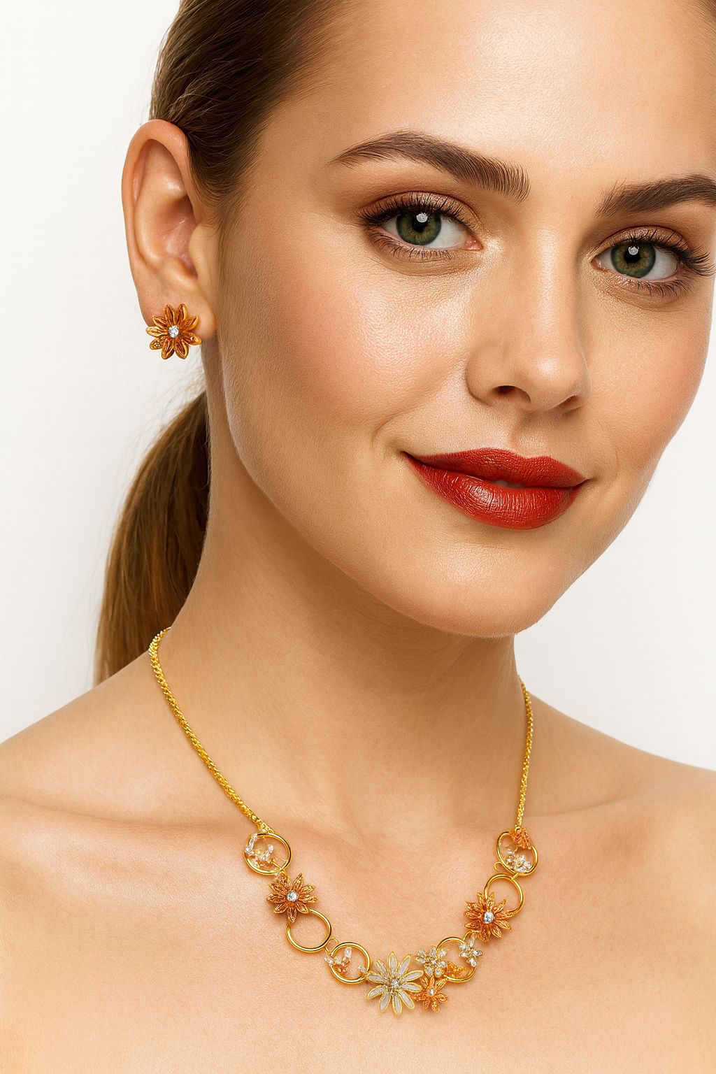 Elegant floral necklace with matching stud earrings”