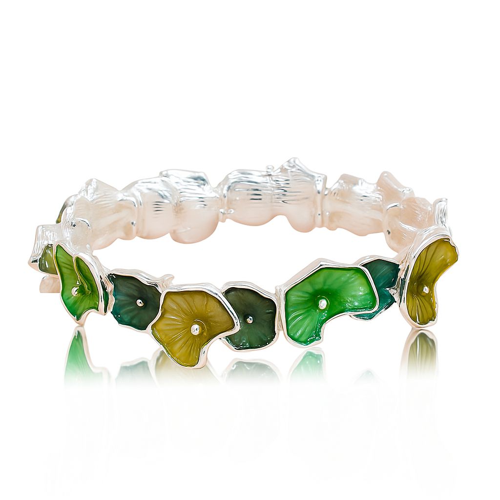 Close-up of green enamel ginkgo leaf bracelet with KC gold plating