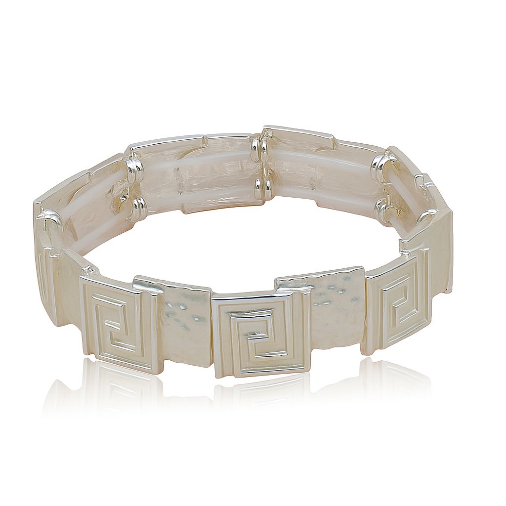 Side view of Greca geometric enamel bangle bracelet with hammered metal texture