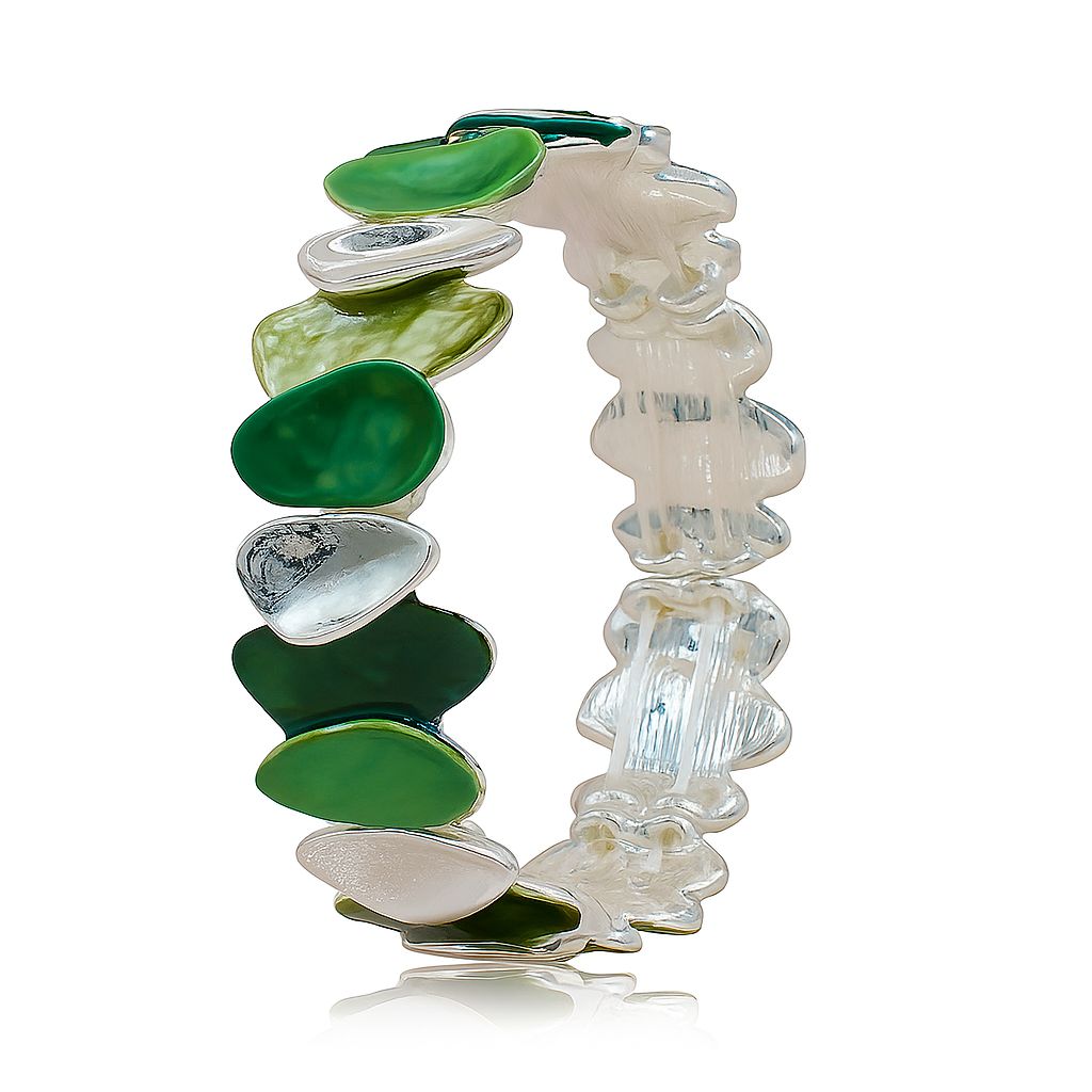 Hand-painted green enamel bracelet with KC gold plating, artistic pebble design.”