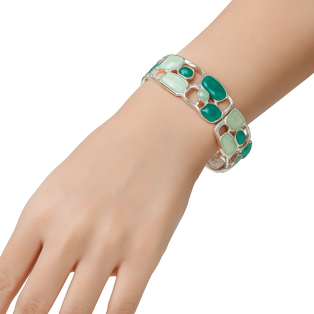 Artistic green enamel alloy bangle bracelet with hand painted details