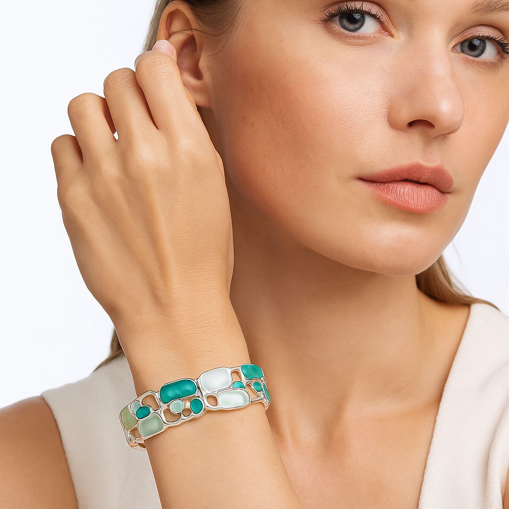 Green enamel bangle bracelet worn on wrist, KC gold plated alloy jewelry