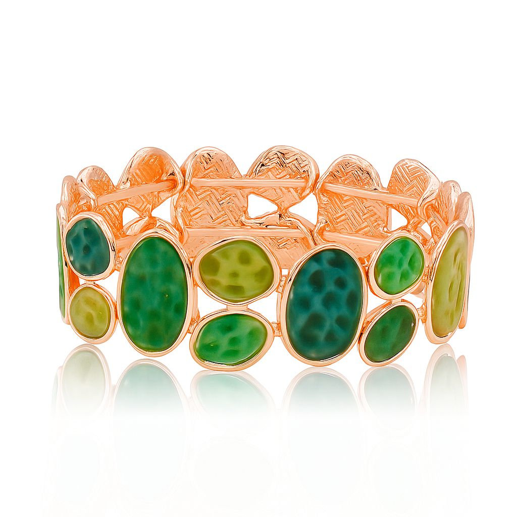 Front view of green enamel gold plated cuff bracelet