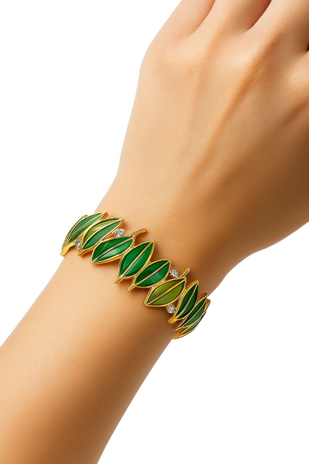 Model wearing green leaf KC gold bracelet