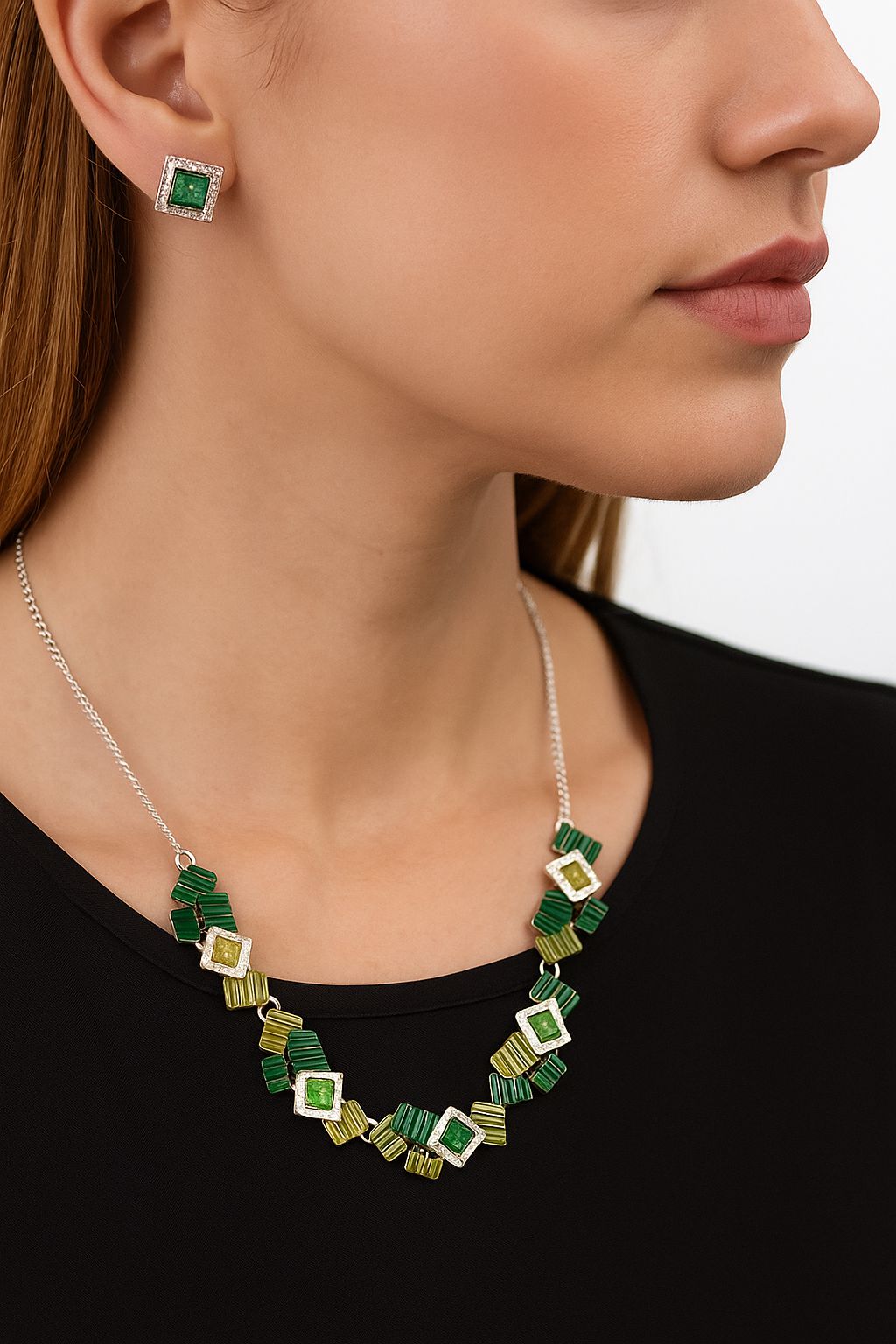 Geometric green enamel necklace with KC gold plated finish