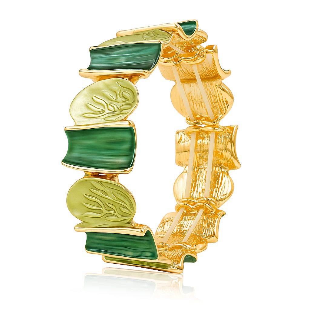 Green enamel gold bracelet with nature-inspired hand-painted links