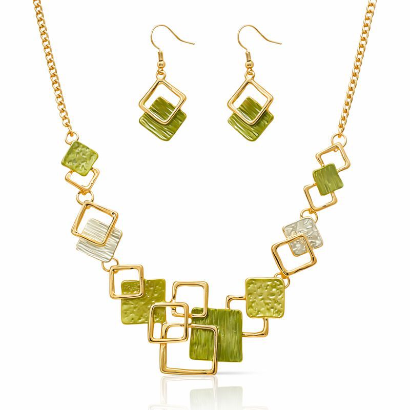 Green geometric hand painted enamel gold necklace and earrings set