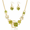 Green geometric hand painted enamel gold necklace and earrings set