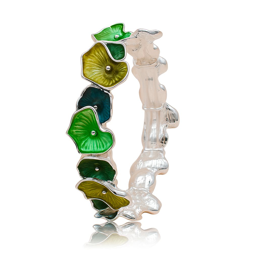 Hand-painted gradient green ginkgo bangle bracelet worn by model