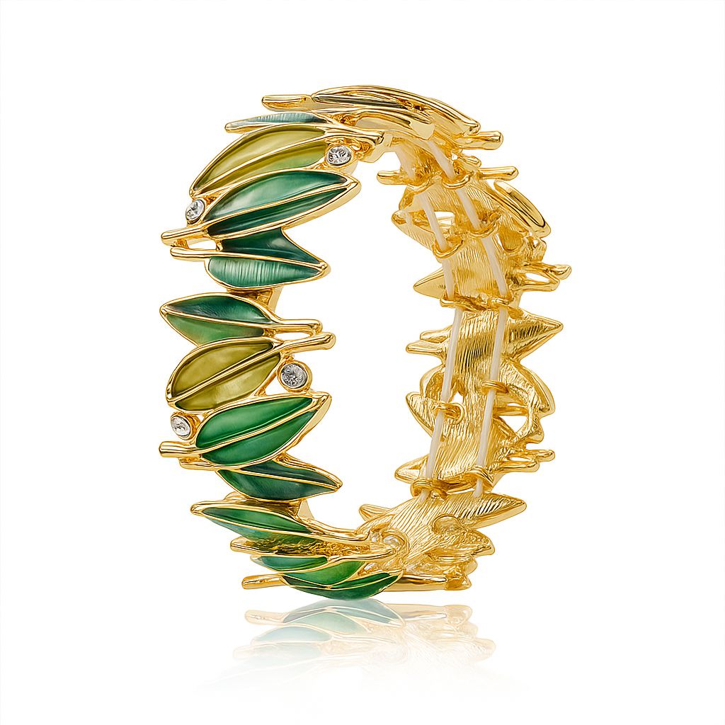 Hand-painted green leaf enamel bracelet in KC gold for women