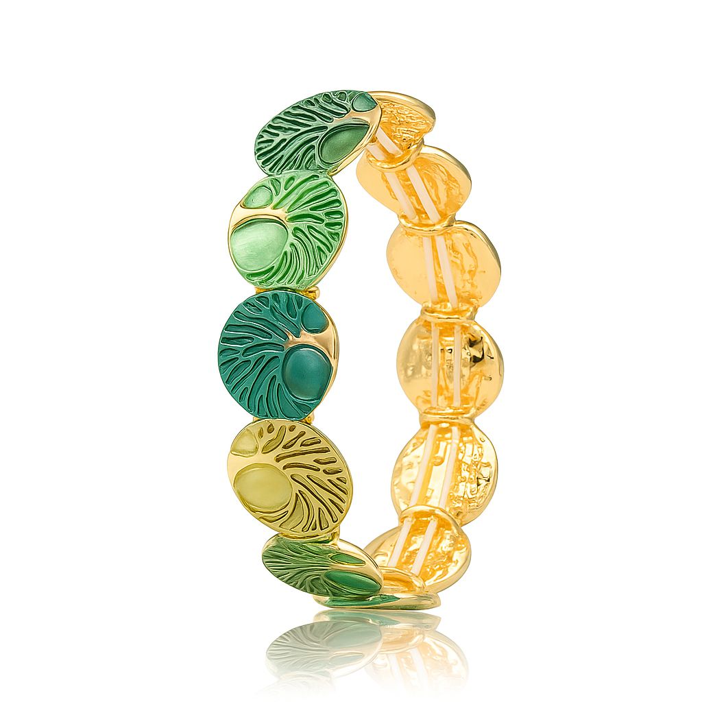 Hand-painted green leaf bangle bracelet with KC gold plating