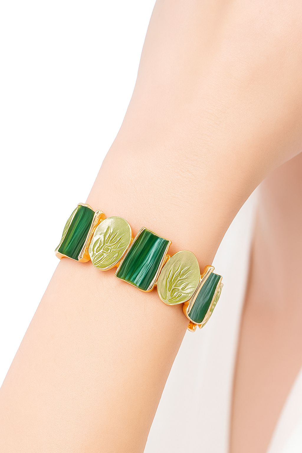 Close-up of hand-painted green enamel bracelet