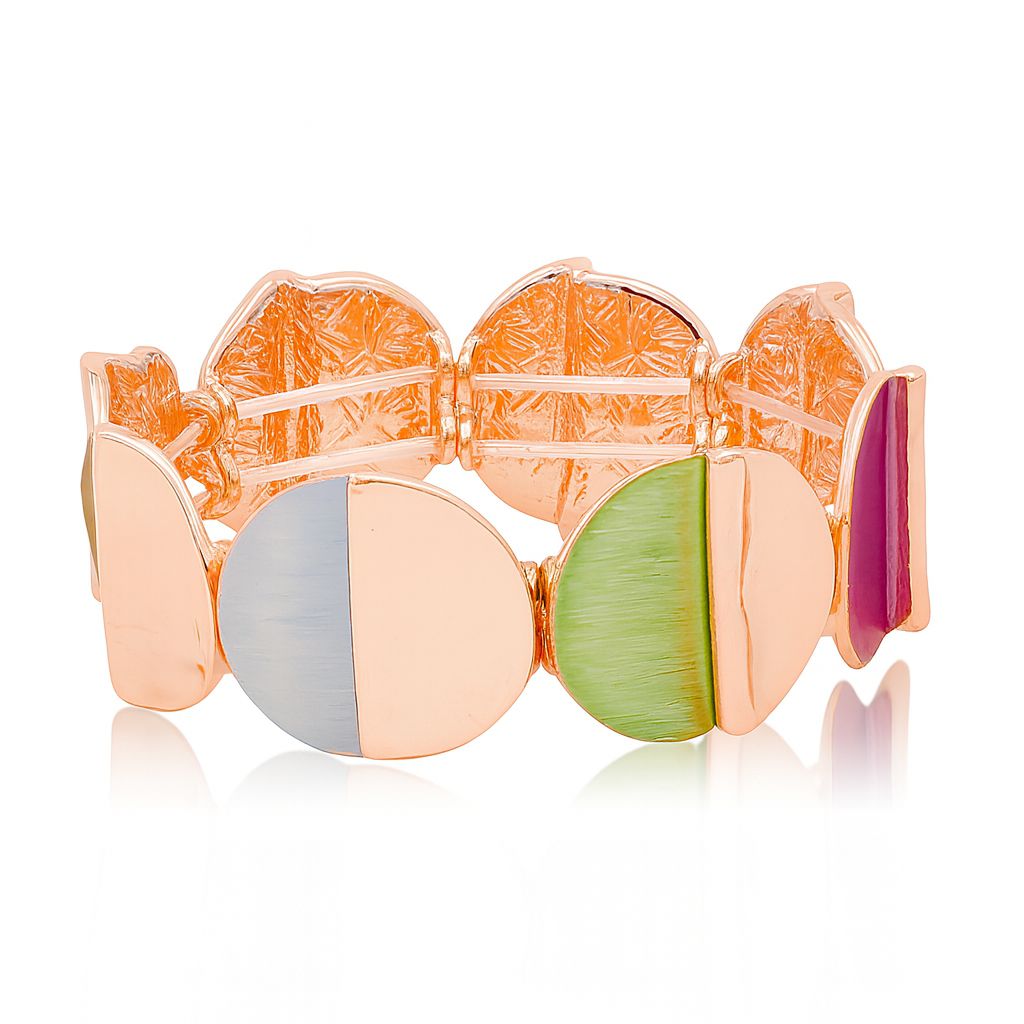 Side view of multicolor half-moon geometric enamel bracelet