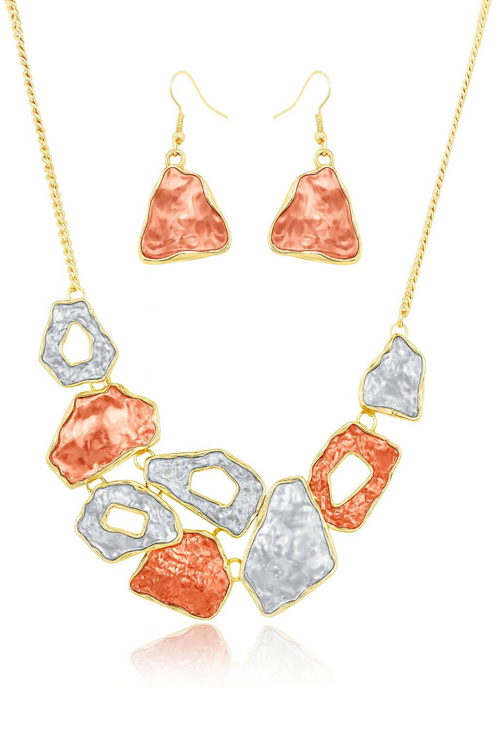 Hammered geometric necklace and earring set in KC gold with hand-painted enamel