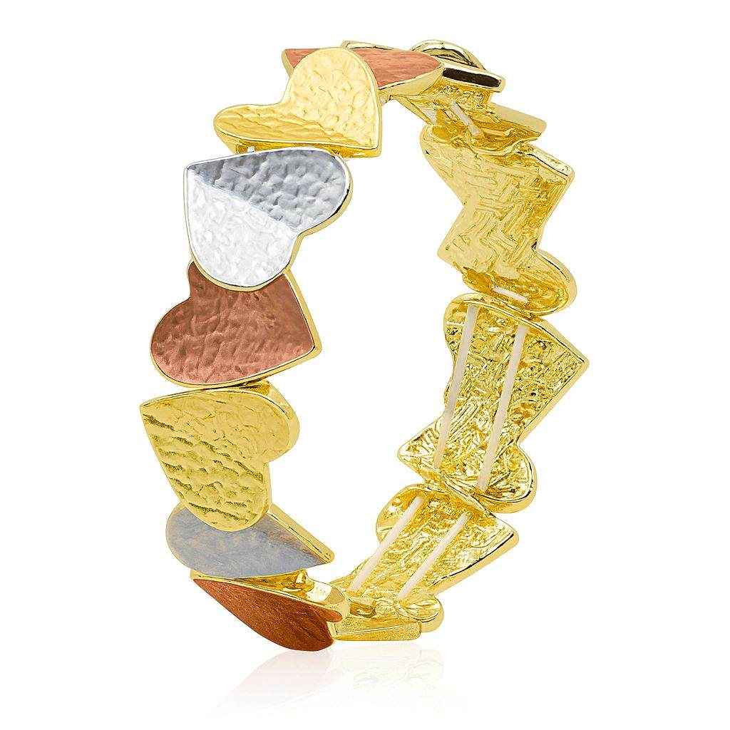 Hammered tri-color heart bracelet for women with KC gold plating and textured alloy hearts