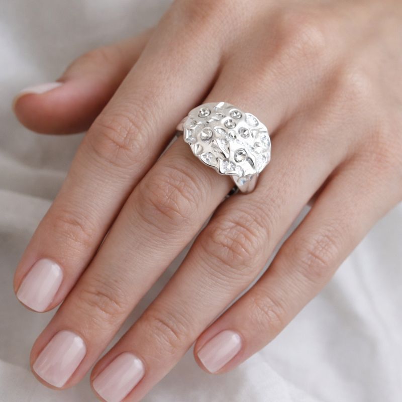 Hammered texture silver ring with crystal accents and KC silver plating