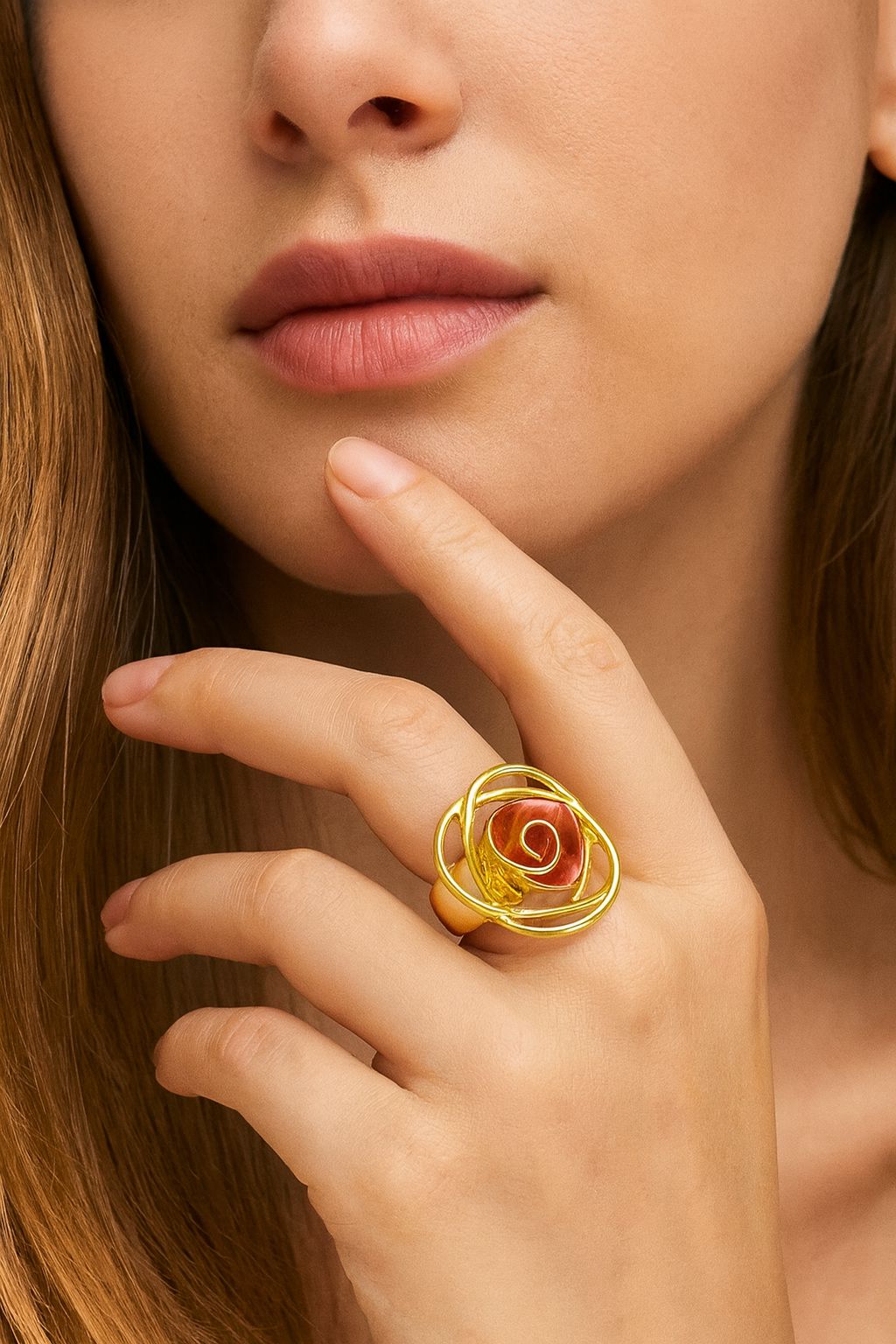 Abstract floral KC gold plated cocktail ring close-up