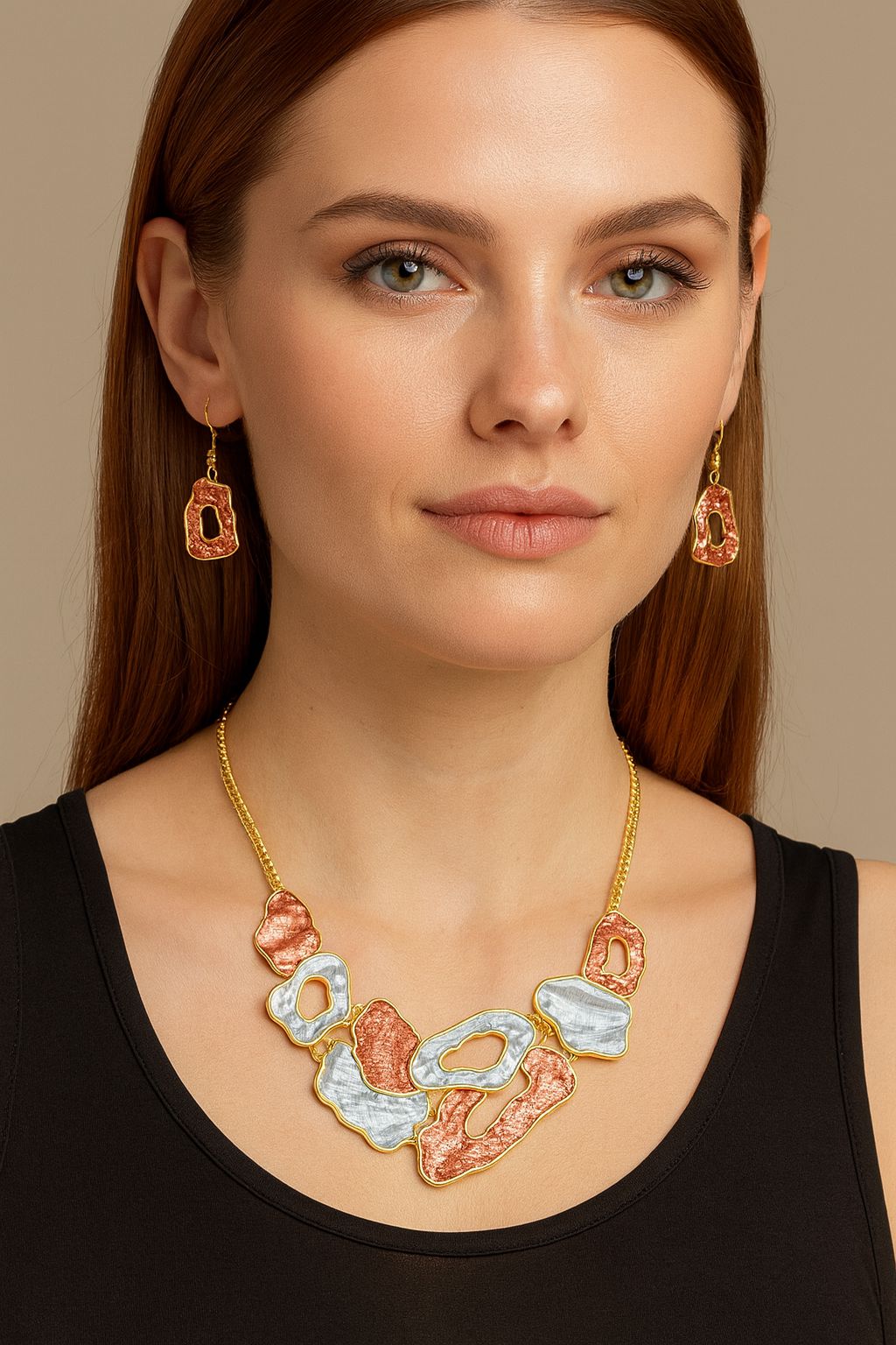 KC gold plated alloy jewelry set with organic artistic shapes