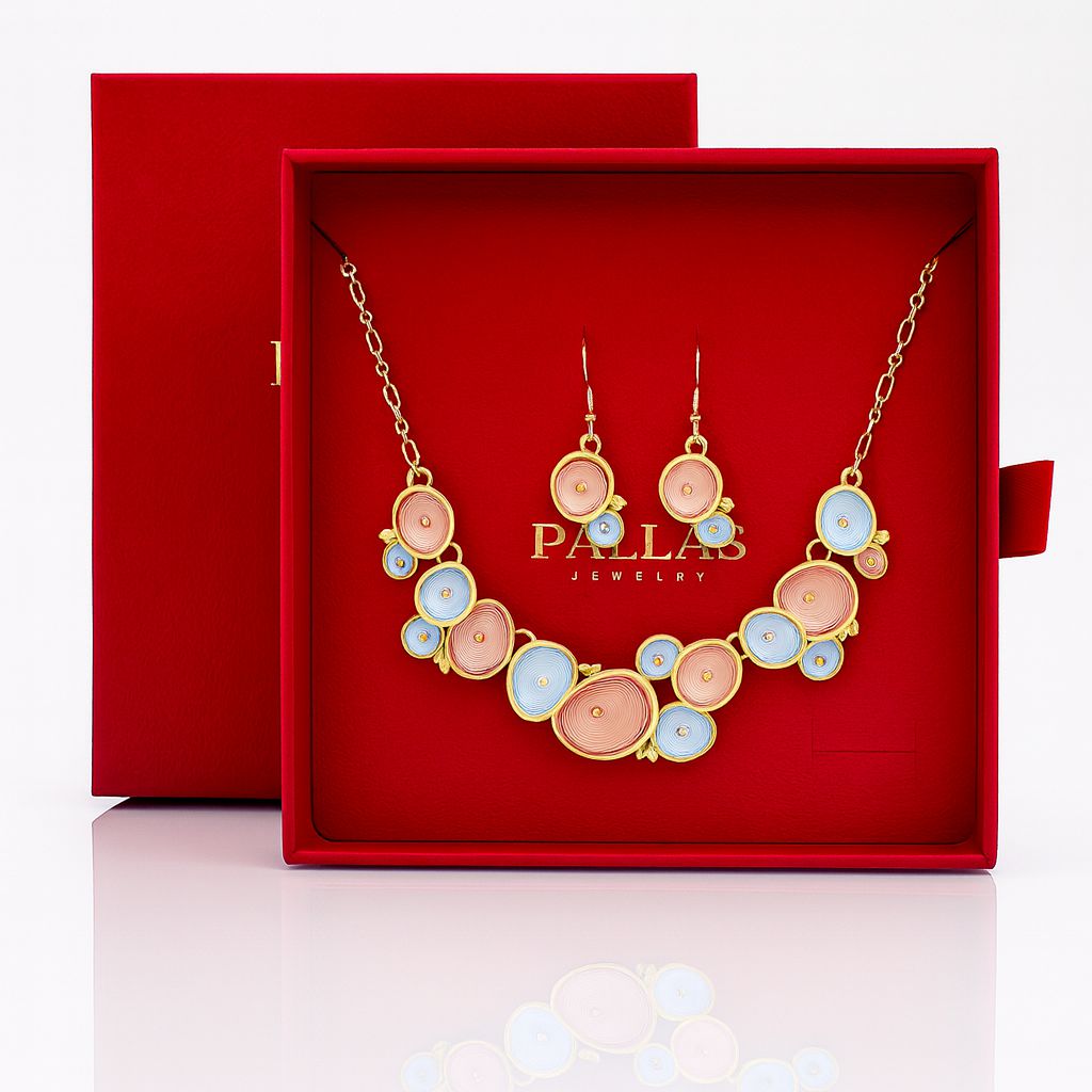 Elegant fashion necklace and earrings displayed in gift box