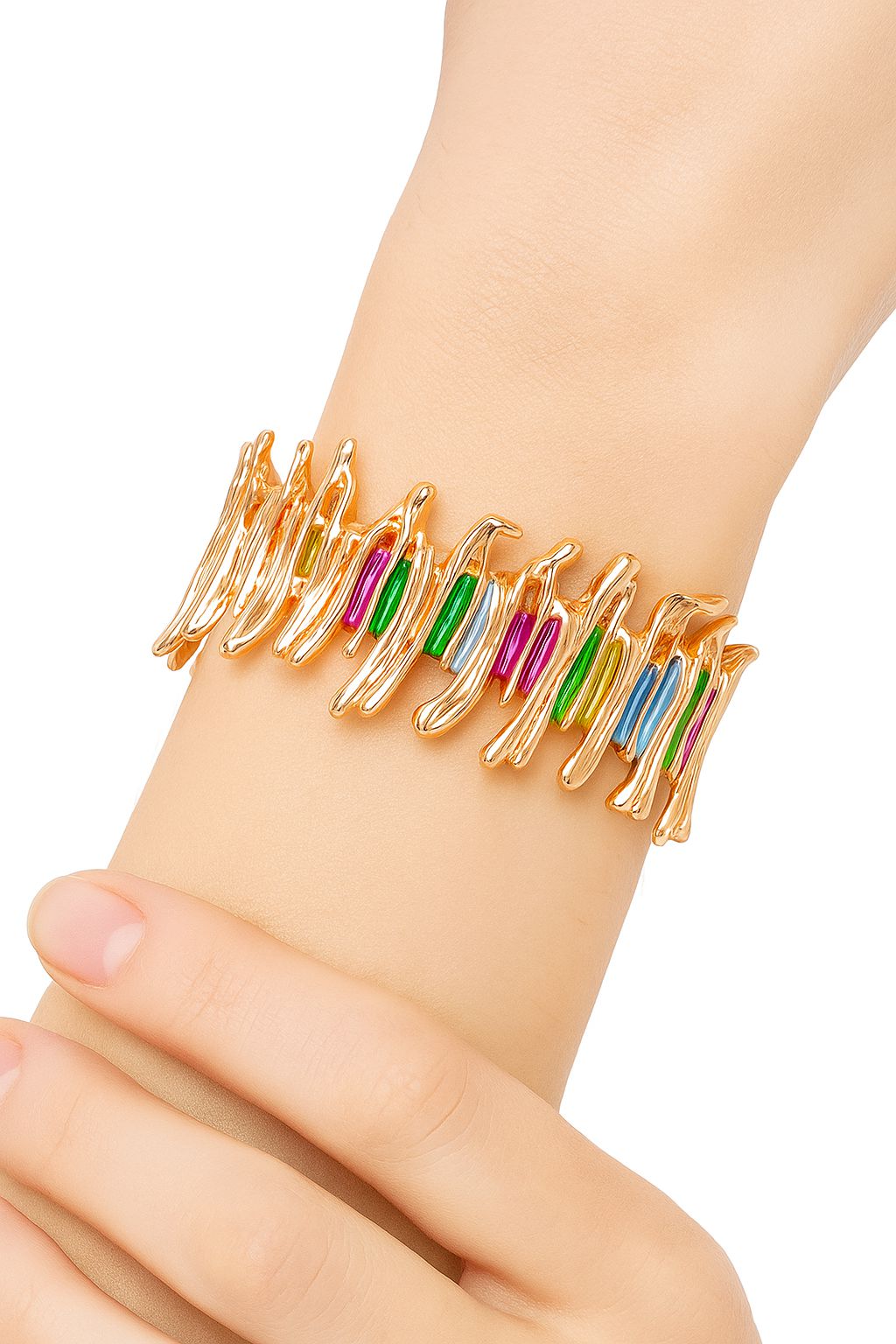 Model wearing rainbow enamel bangle bracelet