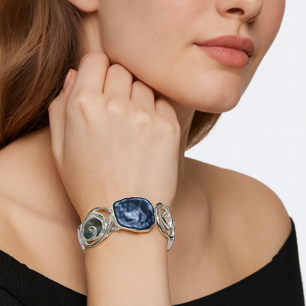 Side view of blue enamel statement bracelet for women