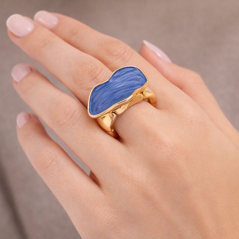 Hand painted blue enamel gold ring with KC gold plating on white background