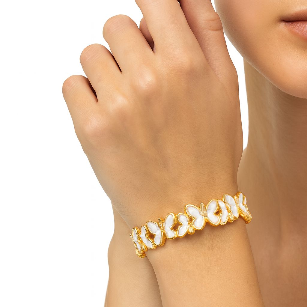 Hand-painted butterfly bracelet styled with a fashionable outfit.