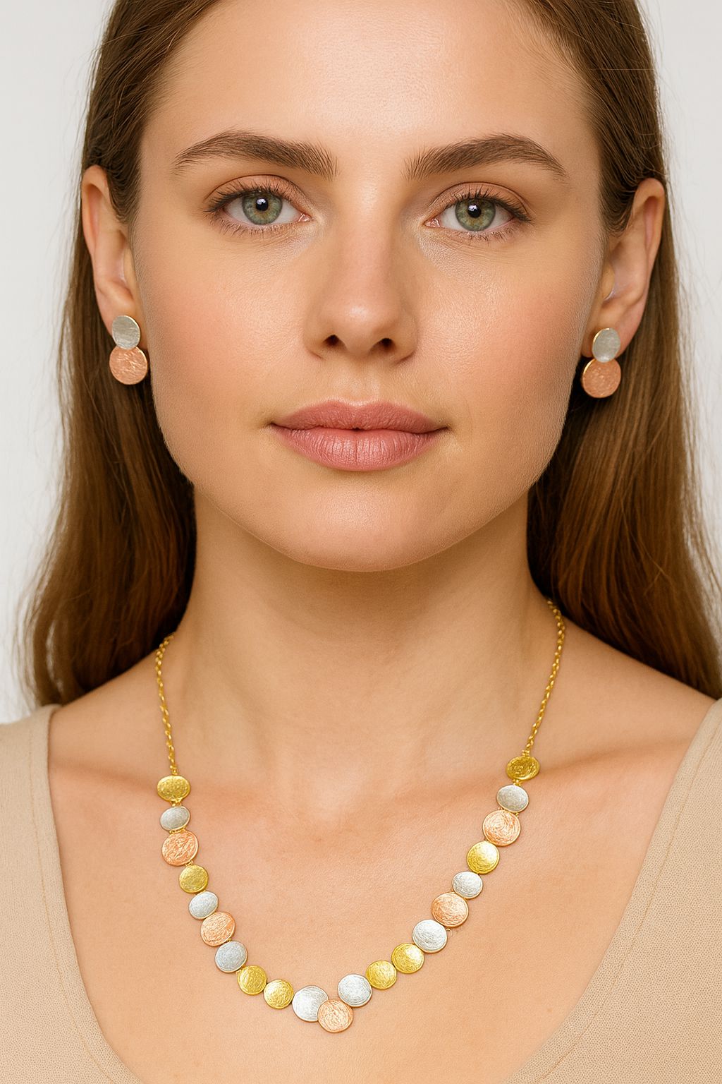 “Gold silver and peach disc jewelry set for women – necklace and matching earrings”