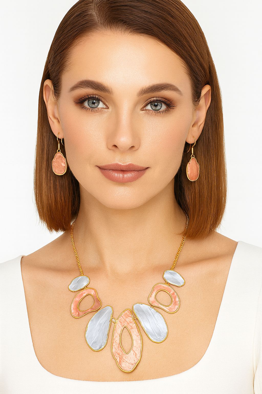 Women’s artistic enamel jewelry set with coral and silver elements