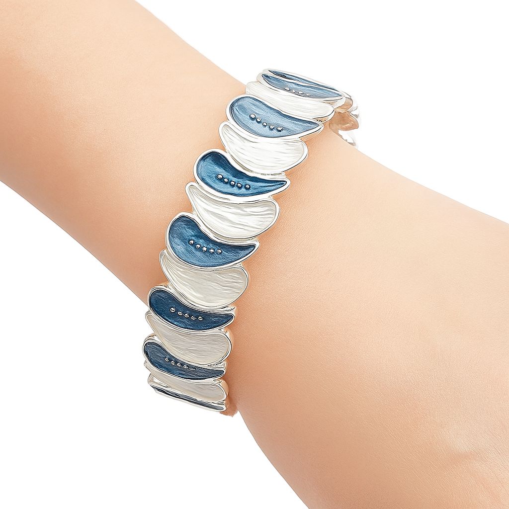 woman wearing blue and ivory hand-painted enamel bracelet KC gold plated