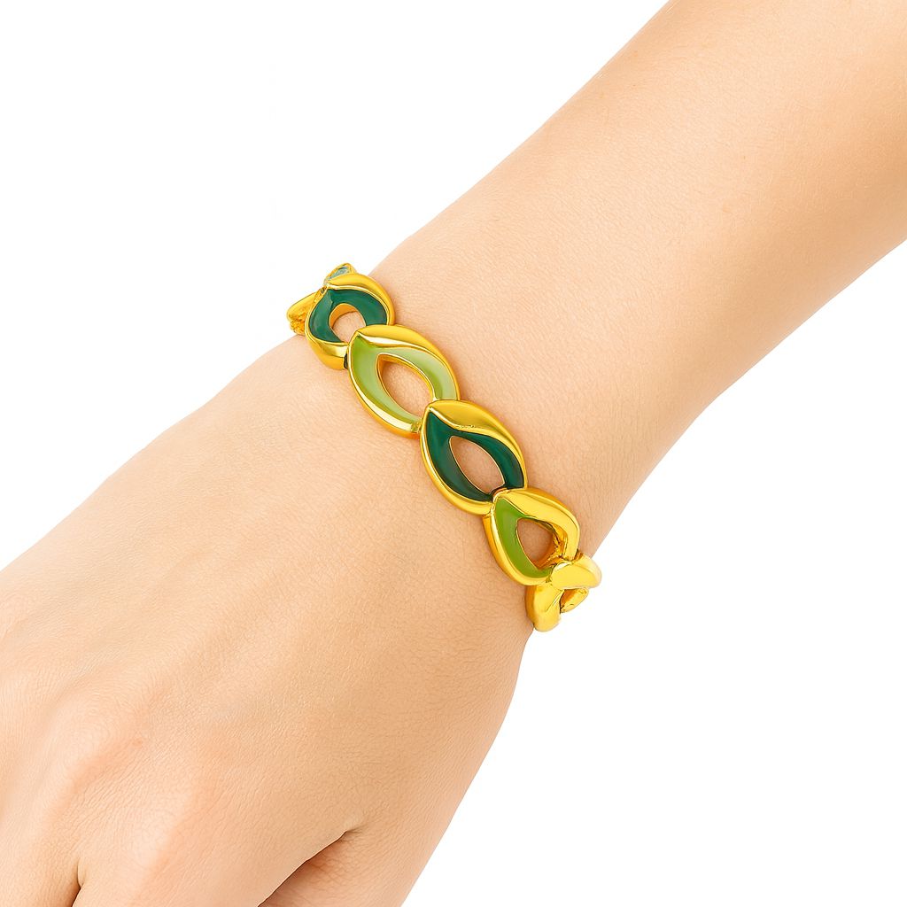 Close-up detail of geometric hand-painted enamel bracelet