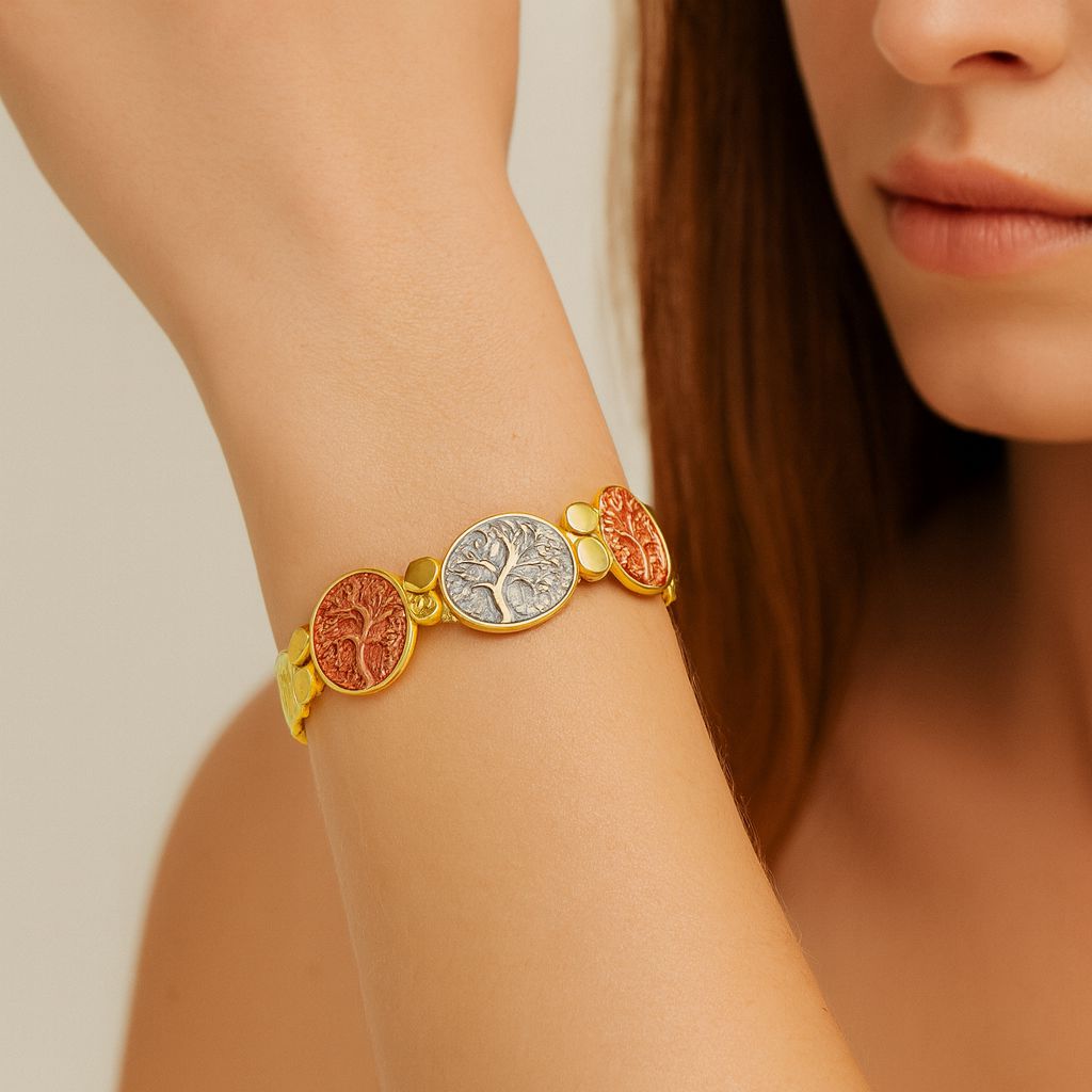Model wearing Tree of Life gold bracelet for women