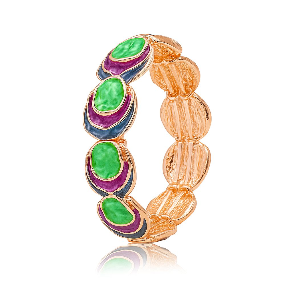 Hand-painted enamel bangle bracelet in green purple and blue on model