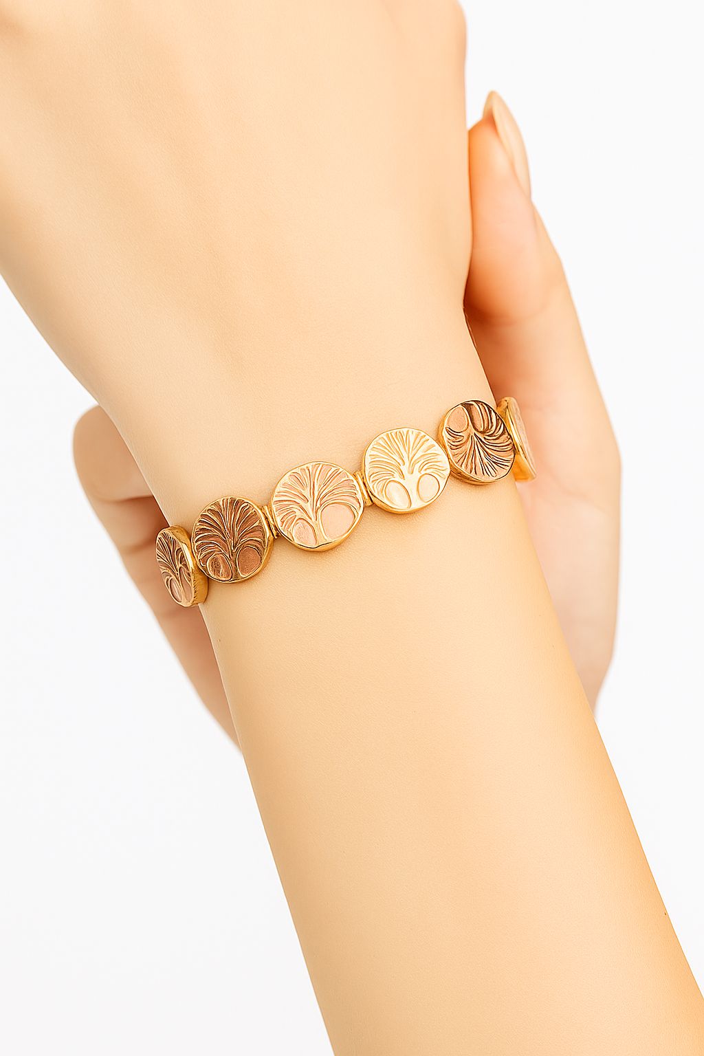 Detail shot of hand-crafted enamel medallion bracelet for women
