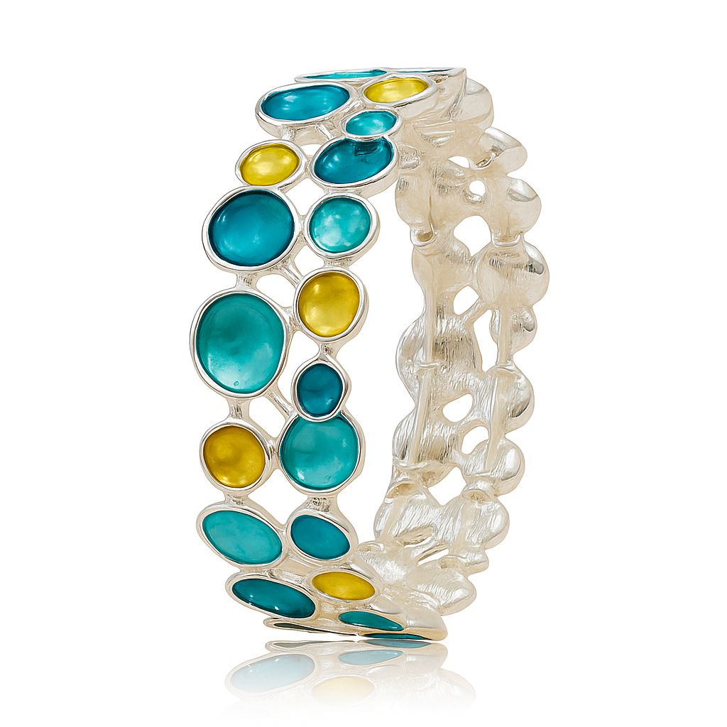 Hand-painted enamel bracelet with turquoise and yellow design, KC gold-plated alloy bangle
