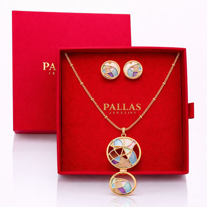 Hand painted enamel circle necklace and earrings set with KC gold plating in gift box