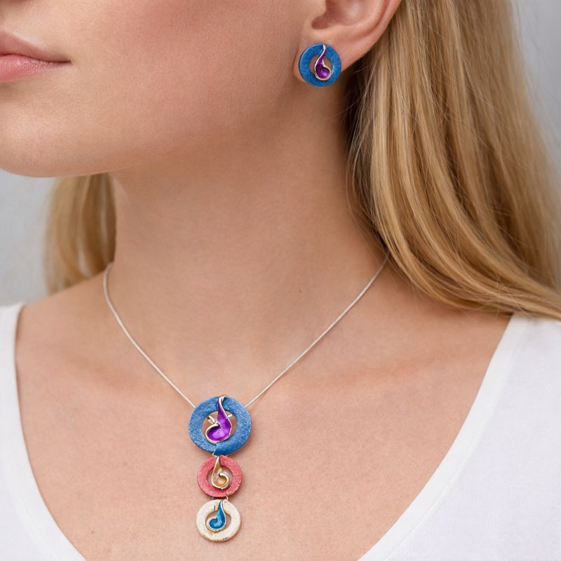 Hand-painted enamel stud earrings in blue and pink tones