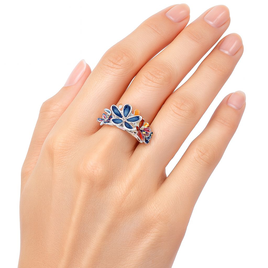 Artistic enamel fashion ring with KC gold plating worn on hand