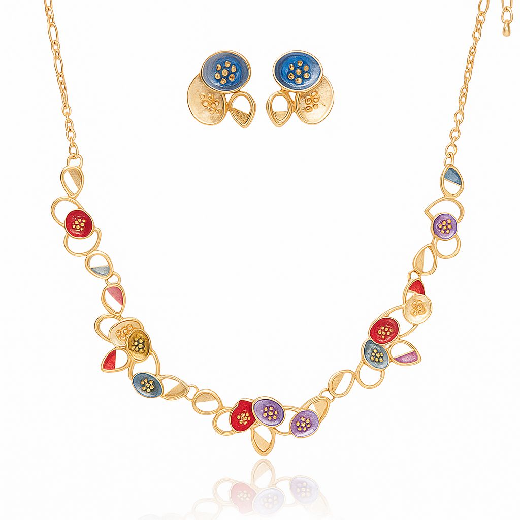 Hand painted enamel floral necklace and earrings set in KC gold plated alloy